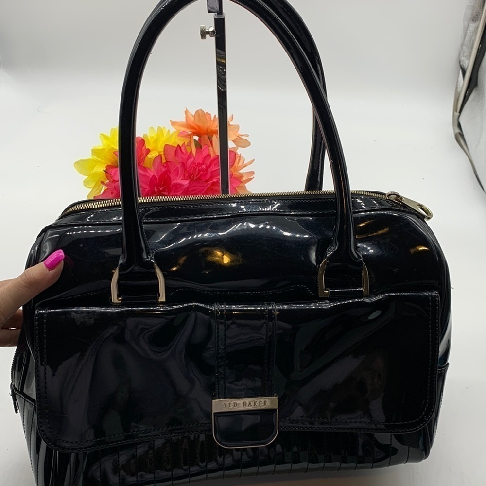 Ted Baker Marquez Patent Black Shiny mini Bowling Bag With Dog Print Lin…